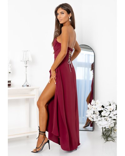 Rochii de nasa, Rochie eleganta lunga burgundy cu bust tip corset cu umerii goi VenussW  - jojofashion.ro
