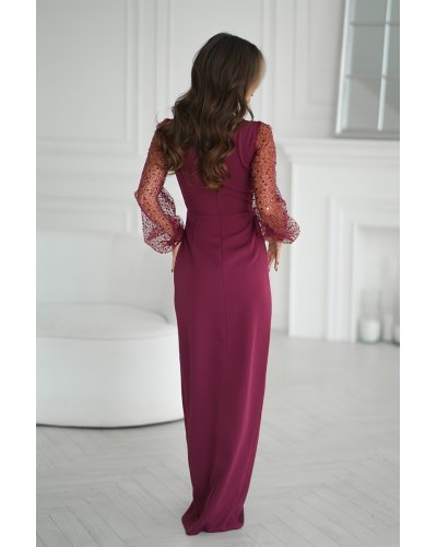Rochii cu maneca lunga, Rochie eleganta lunga burgundy cu maneca lunga din paiete Deluxe - jojofashion.ro