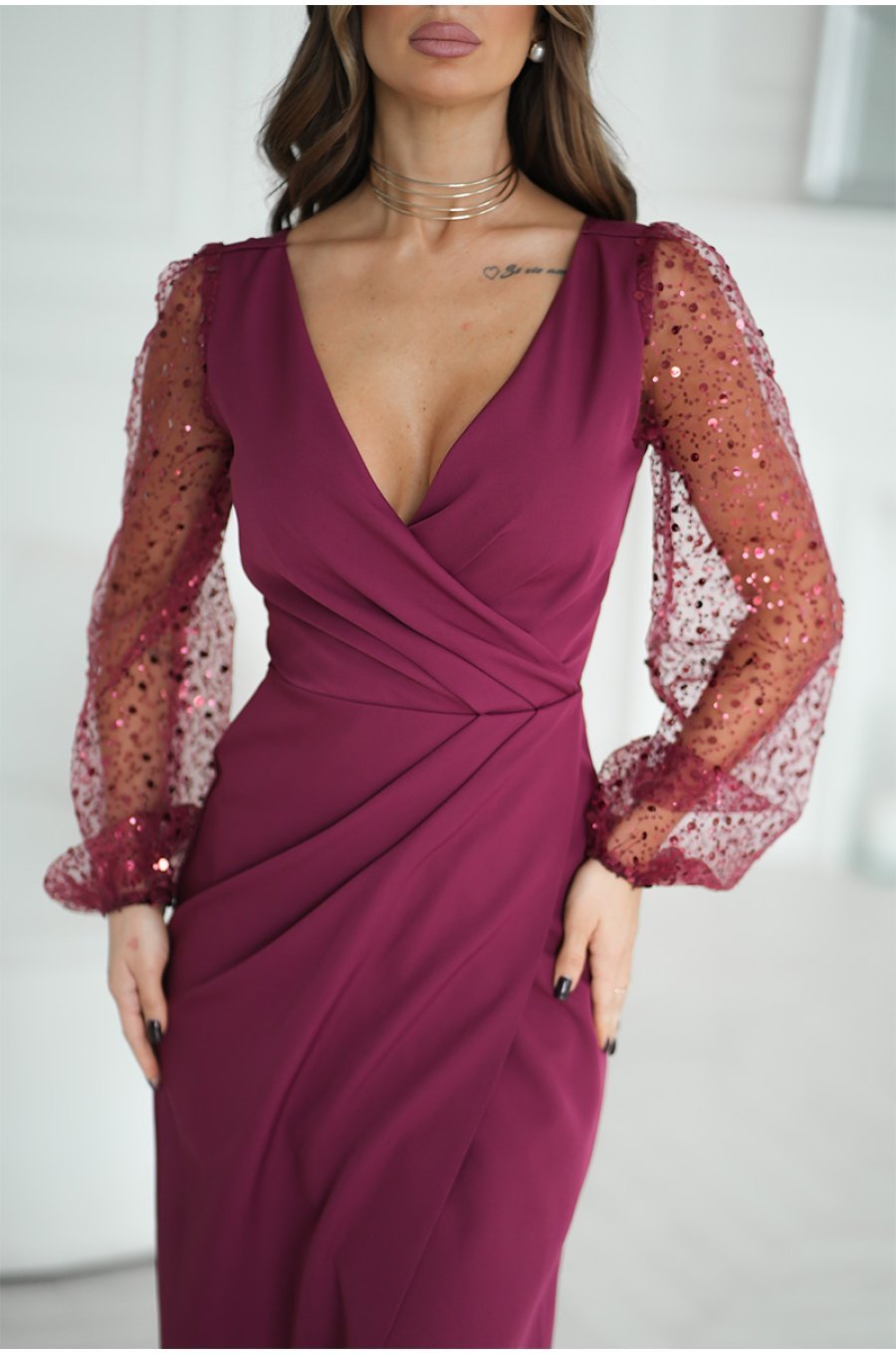 Rochie eleganta lunga burgundy cu maneca lunga din paiete Deluxe 4 - jojofashion.ro