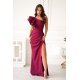 Rochie eleganta lunga burgundy cu un umar gol cu volan si pene Reyna 2 - jojofashion.ro