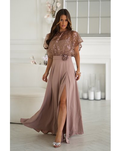 Rochie eleganta lunga cappuccino cu bust din paiete vaporoasa Azaliya Rochii, Rochie eleganta lunga cappuccino cu bust din paiete vaporoasa Azaliya - jojofashion.ro