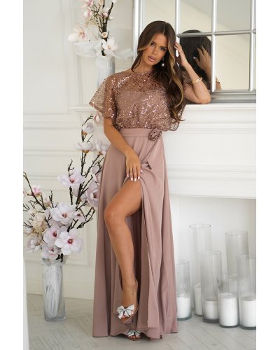 Rochie eleganta lunga cappuccino cu bust din paiete vaporoasa Azaliya Rochii, Rochie eleganta lunga cappuccino cu bust din paiete vaporoasa Azaliya - jojofashion.ro