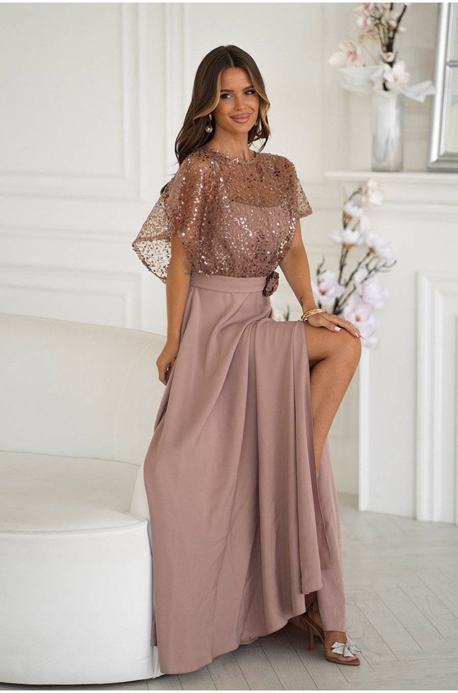 Rochie eleganta lunga cappuccino cu bust din paiete vaporoasa Azaliya 4 - jojofashion.ro