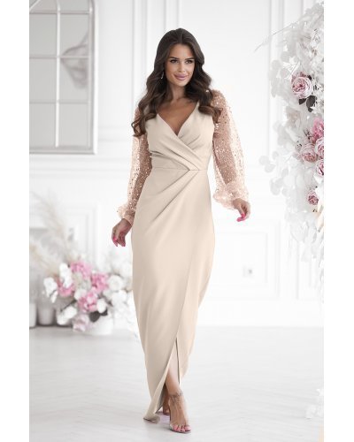 Rochie eleganta lunga cu paiete cappuccino cu maneca lunga Deluxe Rochii lungi, Rochie eleganta lunga cu paiete cappuccino cu maneca lunga Deluxe - jojofashion.ro