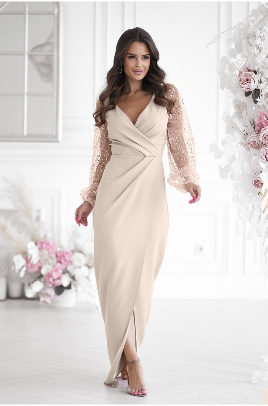 Rochie eleganta lunga cu paiete cappuccino cu maneca lunga petrecuta Deluxe 1 - jojofashion.ro