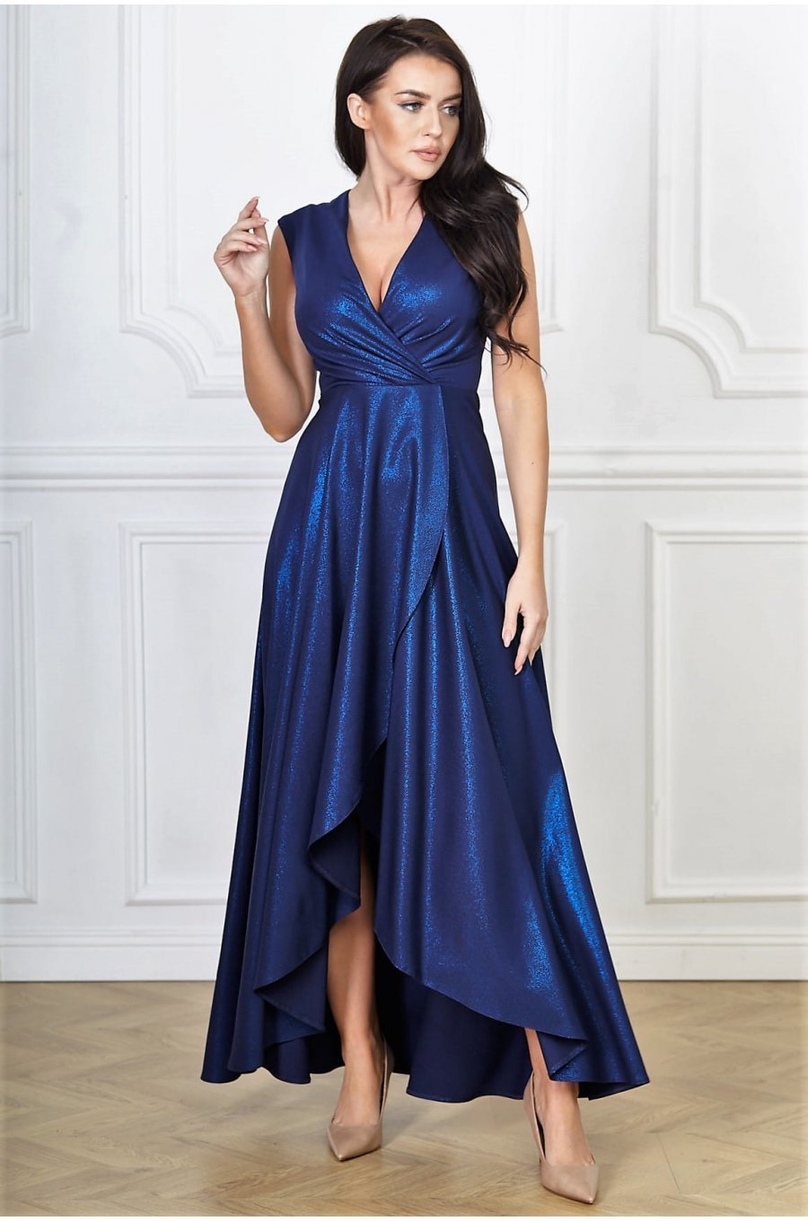 Rochie eleganta lunga, din brocard, bleumarin navy, petrecuta, asimetrica, Gracia 1 - jojofashion.ro