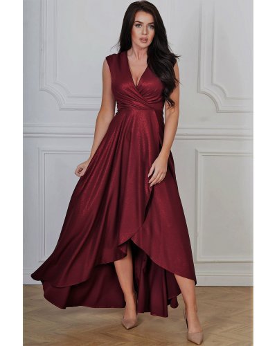 Rochie lunga din brocard burgundy asimetrica Gracia Rochii lungi, Rochie lunga din brocard burgundy asimetrica Gracia - jojofashion.ro
