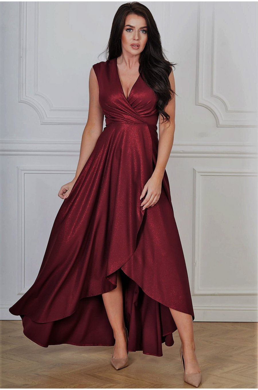 Rochie lunga din brocard burgundy asimetrica Gracia Rochie lunga din brocard burgundy asimetrica Gracia 1 - jojofashion.ro