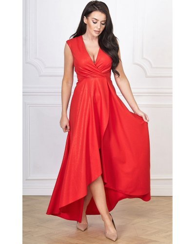Rochie lunga rosie din brocard asimetrica Gracia Rochii lungi, Rochie lunga rosie din brocard asimetrica Gracia - jojofashion.ro