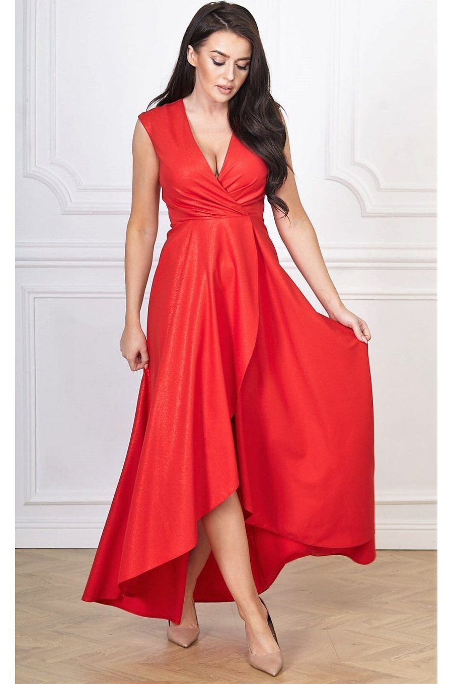 Rochie lunga rosie din brocard asimetrica Gracia 1 - jojofashion.ro