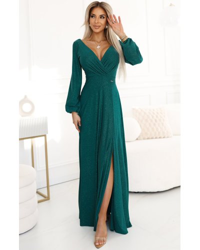 Rochie eleganta lunga din brocard verde cu maneca lunga Roselia Rochii lungi, Rochie eleganta lunga din brocard verde cu maneca lunga Roselia - jojofashion.ro
