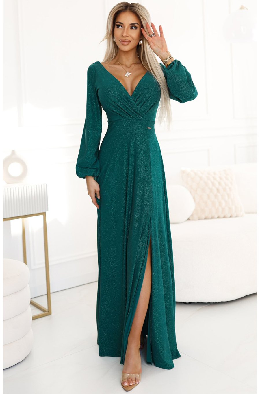 Rochie eleganta lunga din brocard verde cu maneca lunga Roselia 1 - jojofashion.ro