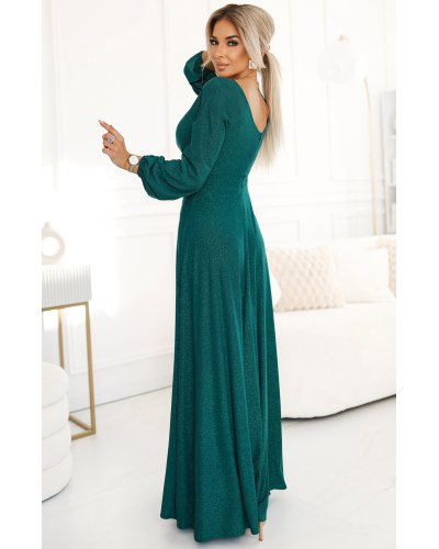 Rochie eleganta lunga din brocard verde cu maneca lunga Roselia Rochii lungi, Rochie eleganta lunga din brocard verde cu maneca lunga Roselia - jojofashion.ro
