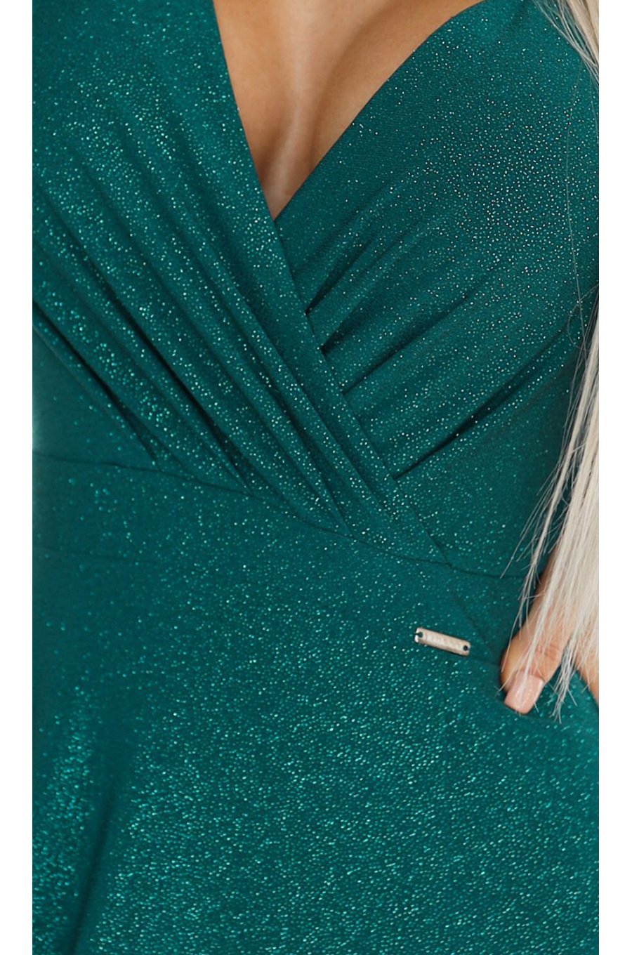 Rochie eleganta lunga din brocard verde cu maneca lunga Roselia 3 - jojofashion.ro