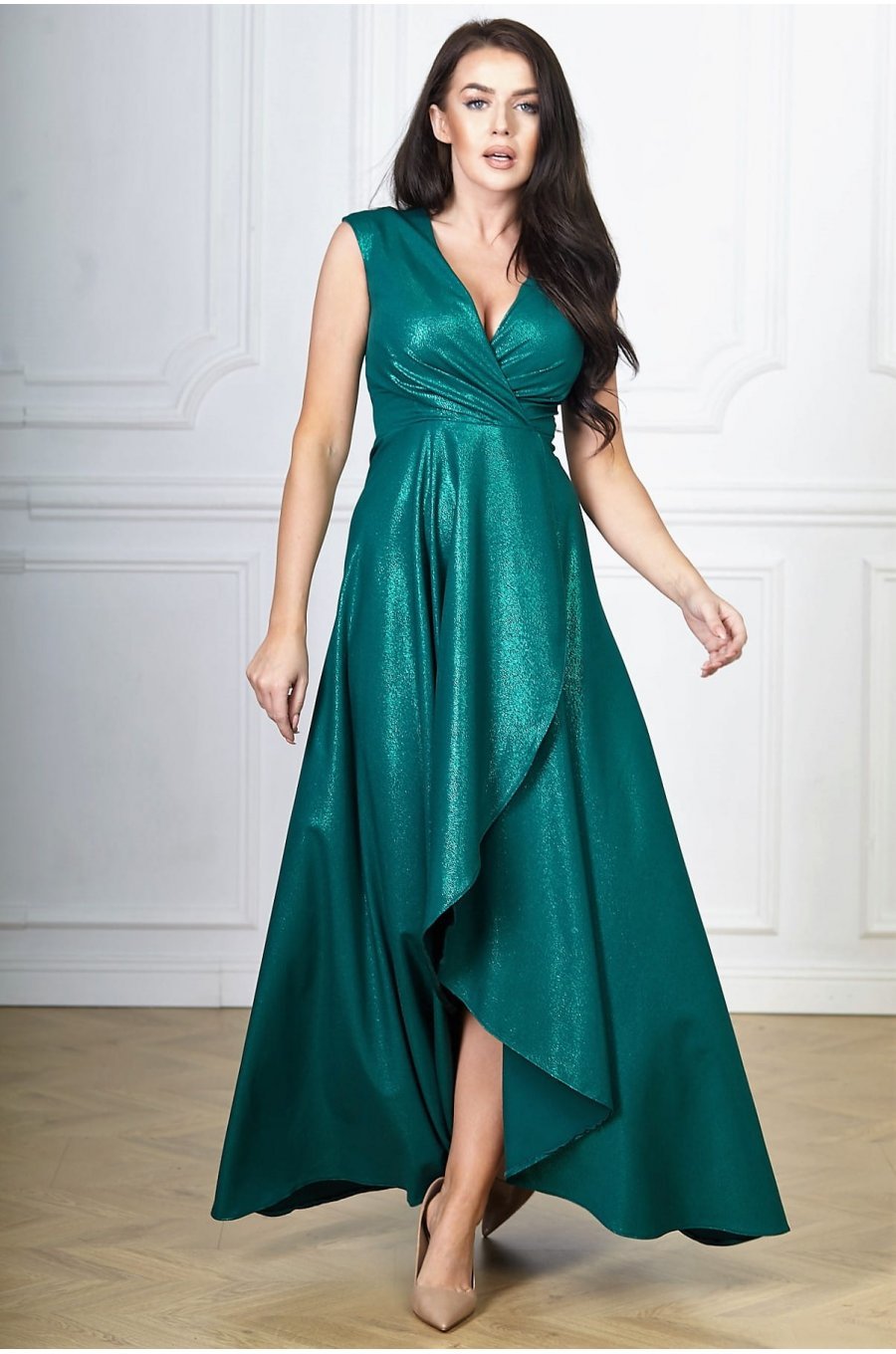 Rochie eleganta lunga, din brocard, verde, petrecuta, asimetrica, Gracia 1 - jojofashion.ro