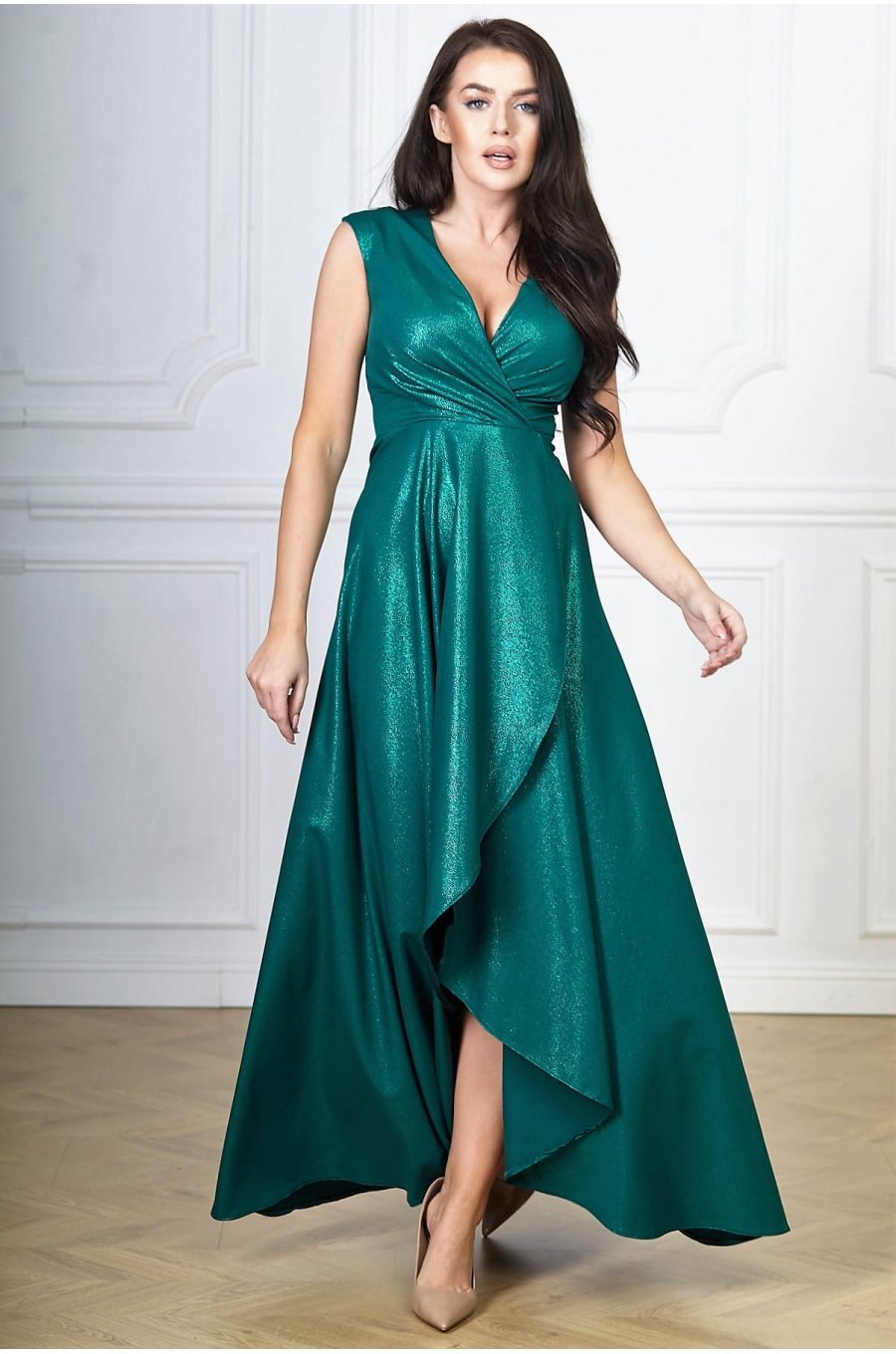 Rochie lunga verde din brocard asimetrica Gracia 1 - jojofashion.ro