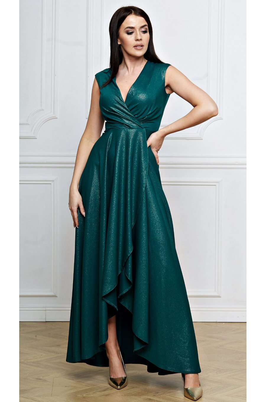 Rochie eleganta lunga, din brocard, verde, petrecuta, asimetrica, Gracia 2 - jojofashion.ro