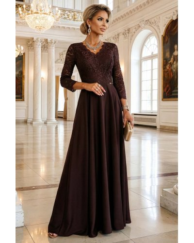 Rochii de nunta, Rochie eleganta lunga din dantela maro ciocolatiu cu maneca treisferturi Allegria - jojofashion.ro