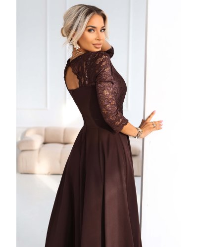 Rochii de nunta, Rochie eleganta lunga din dantela maro ciocolatiu cu maneca treisferturi Allegria - jojofashion.ro