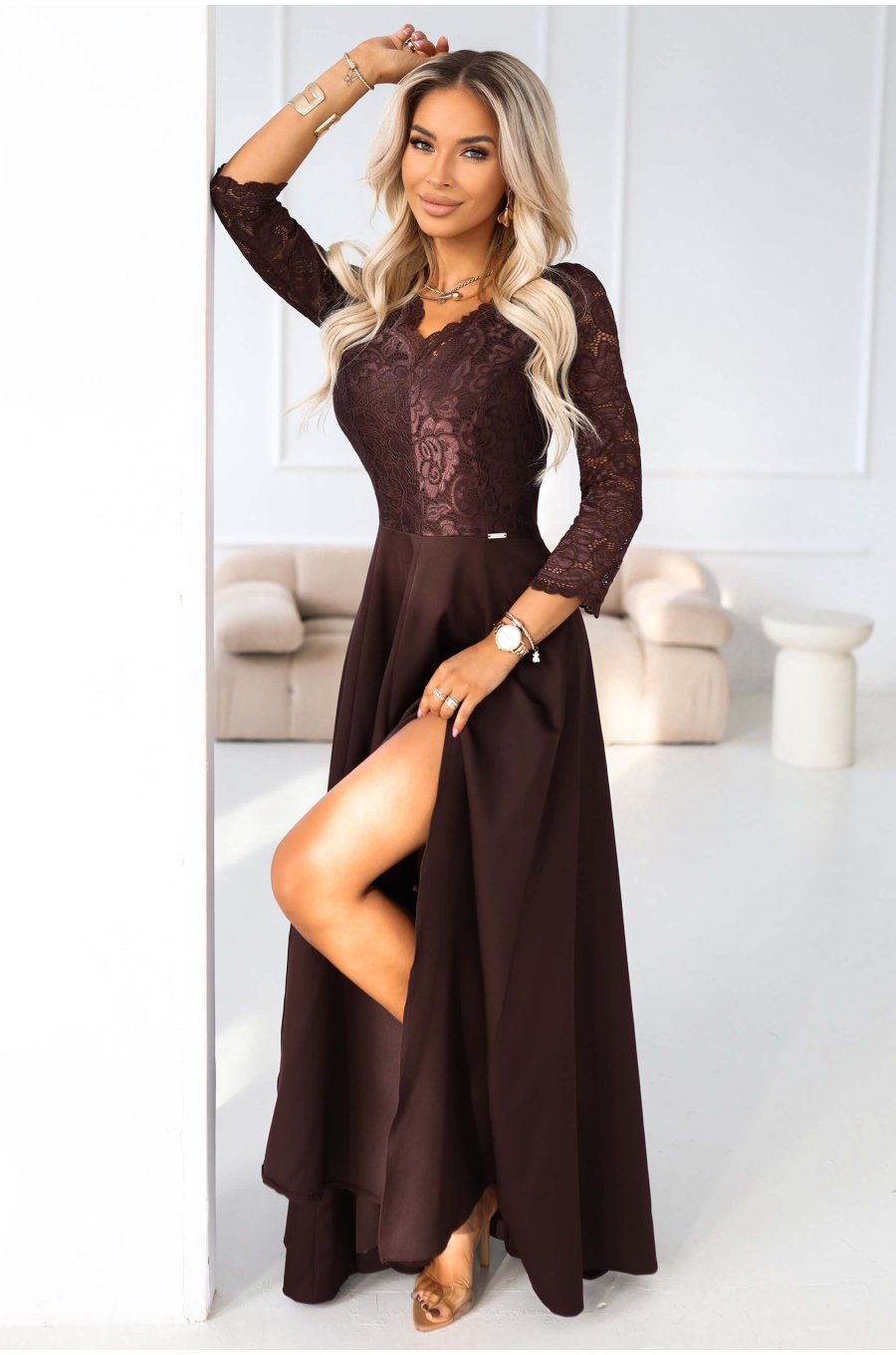 Rochie eleganta lunga din dantela maro ciocolatiu cu maneca treisferturi Allegria 6 - jojofashion.ro