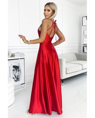 Rochie eleganta lunga din satin rosie cu spatele gol si umerii goi Pearl Rochii, Rochie eleganta lunga din satin rosie cu spatele gol si umerii goi Pearl - jojofashion.ro