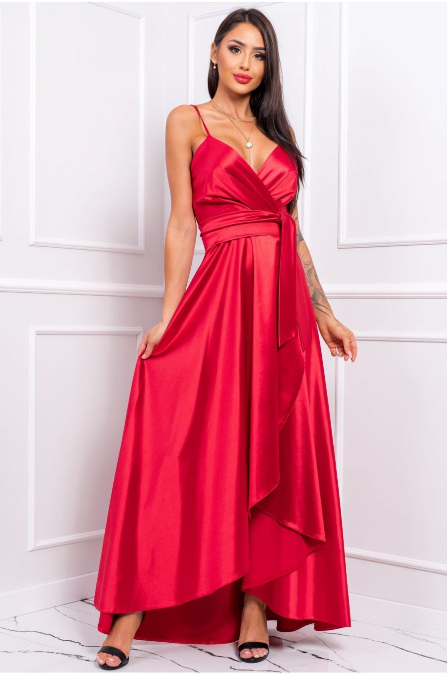 Rochie lunga rosie din satin LiviaB Rochie lunga rosie din satin LiviaB 1 - jojofashion.ro