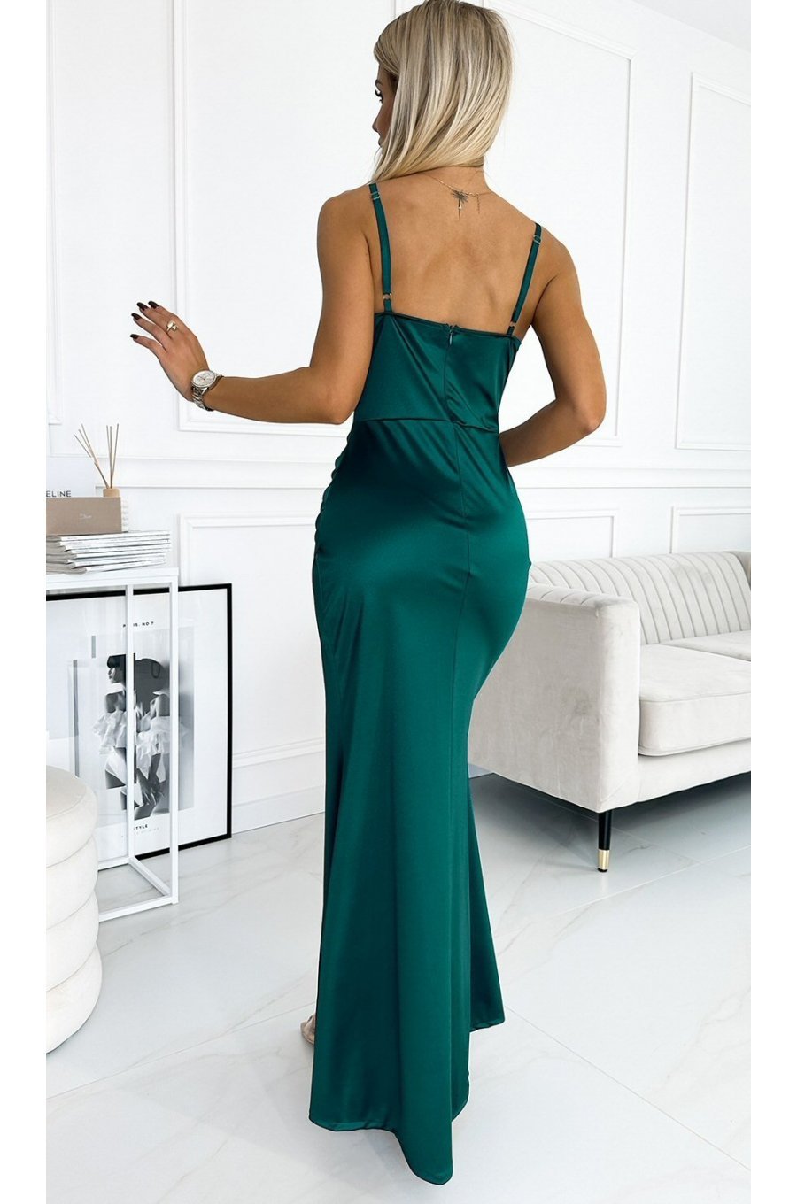 Rochie lunga din satin verde smarald mulata cu corset  Ashera 2 - jojofashion.ro