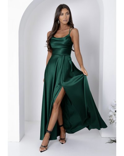 Rochie eleganta lunga din satin verde sticla bust tip corset ValeriaW3 - jojofashion.ro