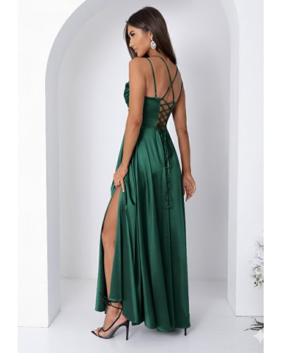 Rochii verzi, Rochie eleganta lunga din satin verde sticla bust tip corset ValeriaW3 - jojofashion.ro