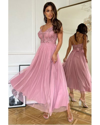 Rochie lunga din tul si dantela roz prafuit vaporoasa Arabela Rochii lungi, Rochie lunga din tul si dantela roz prafuit vaporoasa Arabela - jojofashion.ro