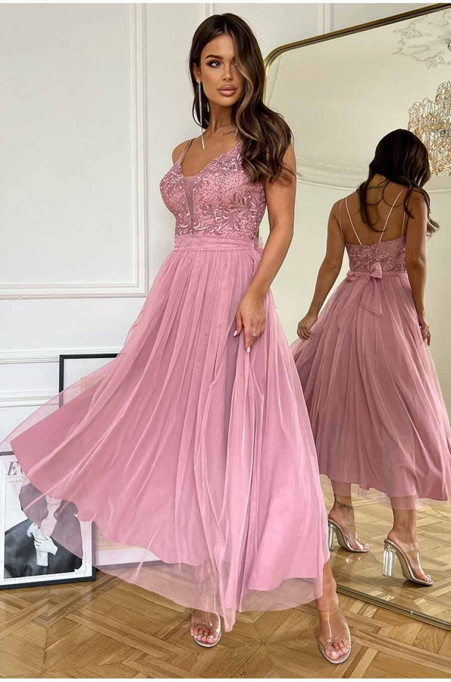 Rochie lunga din tul si dantela roz prafuit vaporoasa Arabela 1 - jojofashion.ro