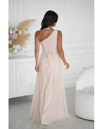 Rochie eleganta lunga din tulle  bej cu paiete vaporoasa cu un umar gol Amaryllis Rochii, Rochie eleganta lunga din tulle  bej cu paiete vaporoasa cu un umar gol Amaryllis - jojofashion.ro
