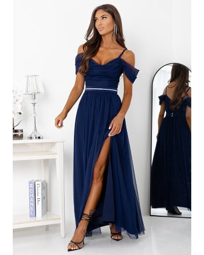 Rochii de Ocazie Elegante, Rochie eleganta lunga din tulle bleumarin navy cu umerii goi vaporoasa KiaraW - jojofashion.ro
