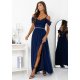 Rochie eleganta lunga din tulle bleumarin navy cu umerii goi vaporoasa KiaraW 2 - jojofashion.ro