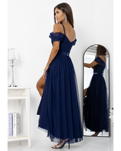 Rochii de Ocazie Elegante, Rochie eleganta lunga din tulle bleumarin navy cu umerii goi vaporoasa KiaraW - jojofashion.ro