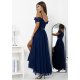 Rochie eleganta lunga din tulle bleumarin navy cu umerii goi vaporoasa KiaraW 3 - jojofashion.ro