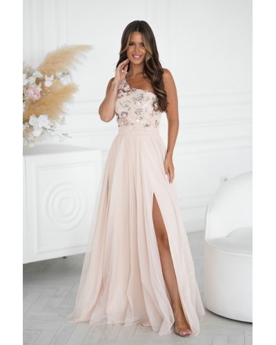 Rochie eleganta lunga din tulle  bej cu paiete vaporoasa cu un umar gol Amaryllis Rochii, Rochie eleganta lunga din tulle  bej cu paiete vaporoasa cu un umar gol Amaryllis - jojofashion.ro