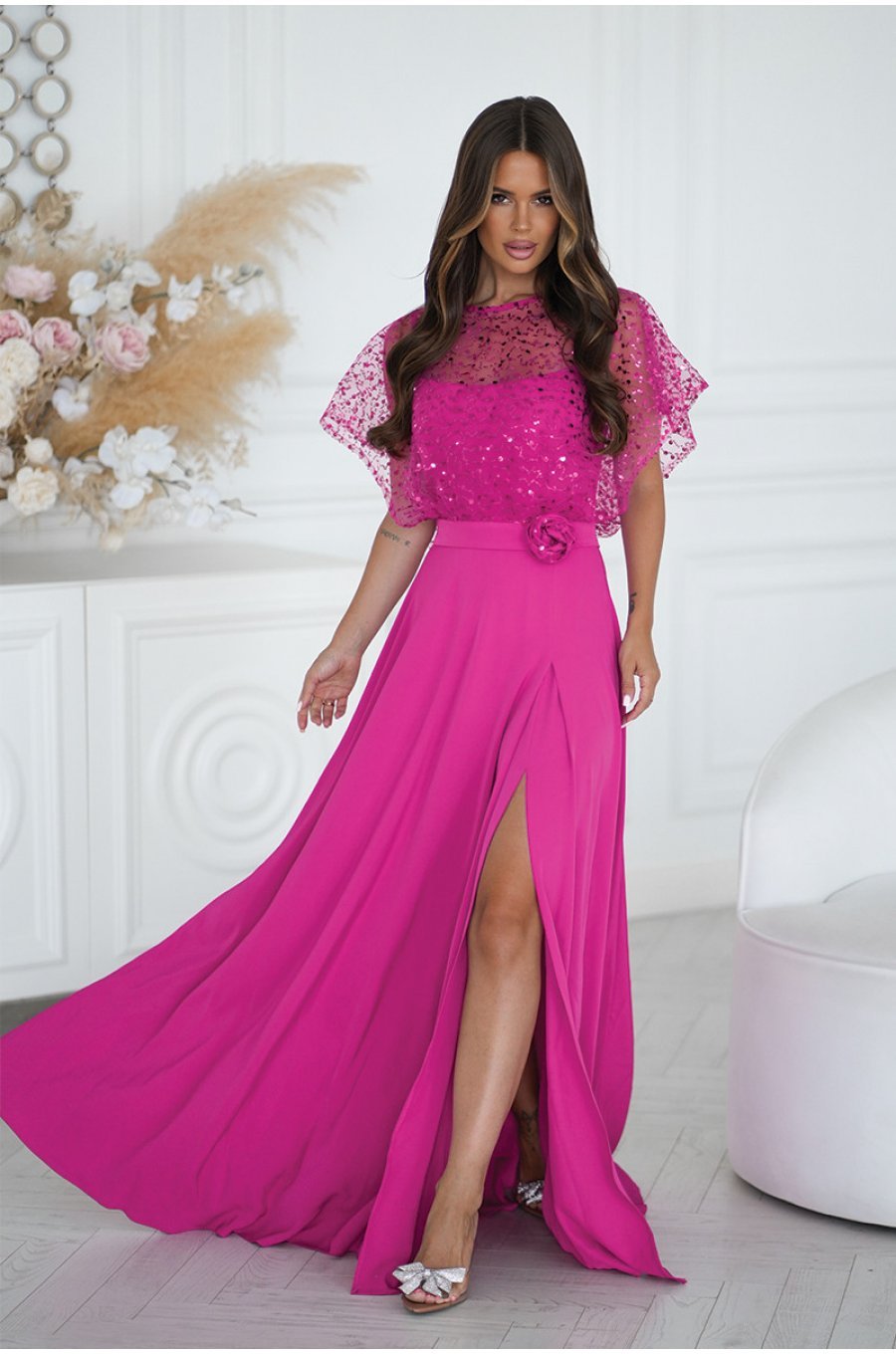 Rochie eleganta lunga fucsia cu paiete pe bust vaporoasa Azaliya 1 - jojofashion.ro
