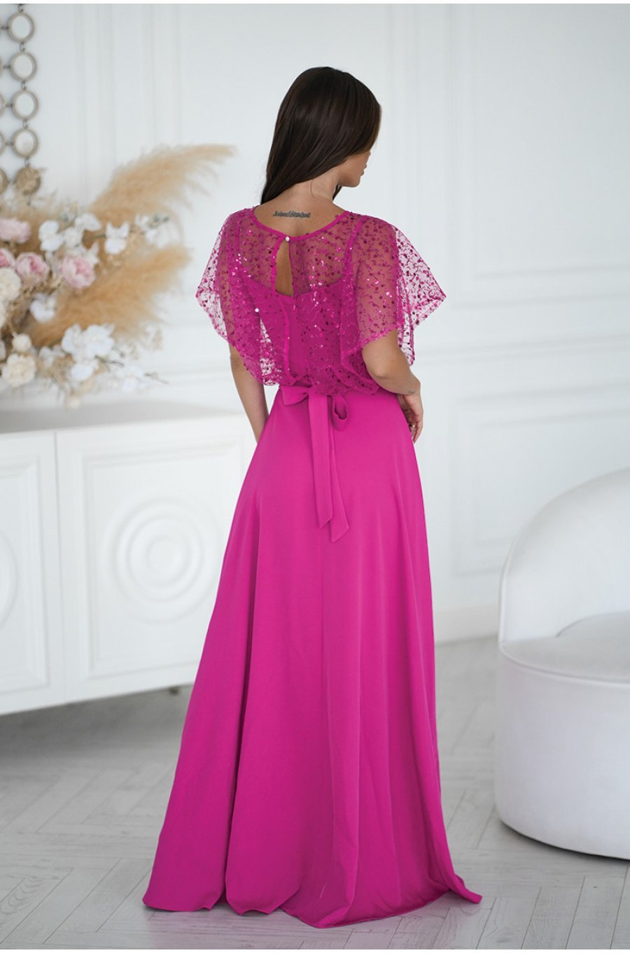 Rochie eleganta lunga fucsia cu paiete pe bust vaporoasa Azaliya 2 - jojofashion.ro