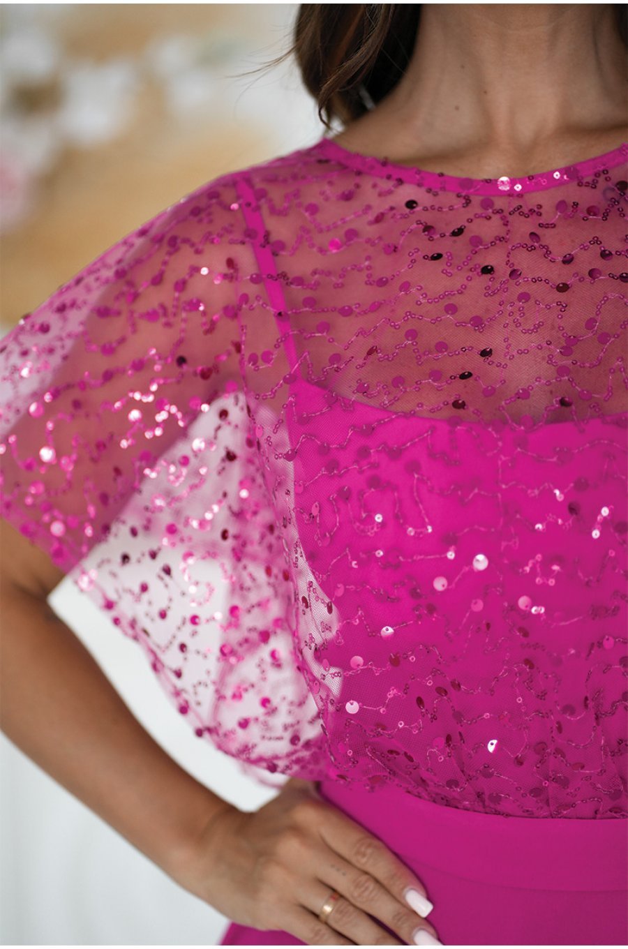Rochie eleganta lunga fucsia cu paiete pe bust vaporoasa Azaliya 3 - jojofashion.ro