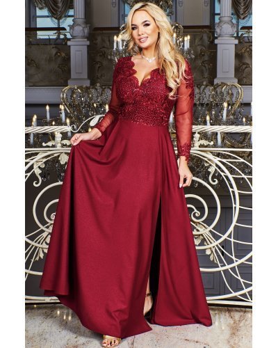 Rochie lunga eleganta din dantela si brocard burgundy cu maneca lunga Carmen Rochii lungi, Rochie lunga eleganta din dantela si brocard burgundy cu maneca lunga Carmen - jojofashion.ro