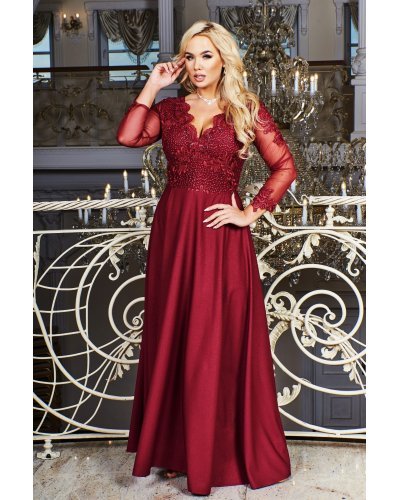 Rochie lunga eleganta din dantela si brocard burgundy cu maneca lunga Carmen Rochii lungi, Rochie lunga eleganta din dantela si brocard burgundy cu maneca lunga Carmen - jojofashion.ro
