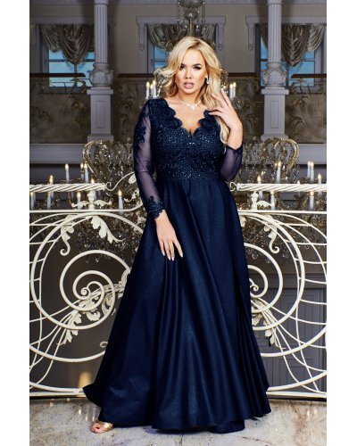Rochie eleganta lunga, in marimi mari, brocard si dantela, neagra, cu maneca lunga, Carmen Rochii lungi, Rochie eleganta lunga, in marimi mari, brocard si dantela, neagra, cu maneca lunga, Carmen - jojofashion.ro