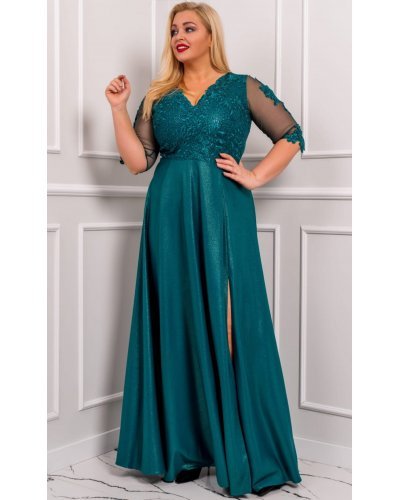 Rochie lunga marime mare verde din dantela si brocard Adalyze Rochii lungi, Rochie lunga marime mare verde din dantela si brocard Adalyze - jojofashion.ro