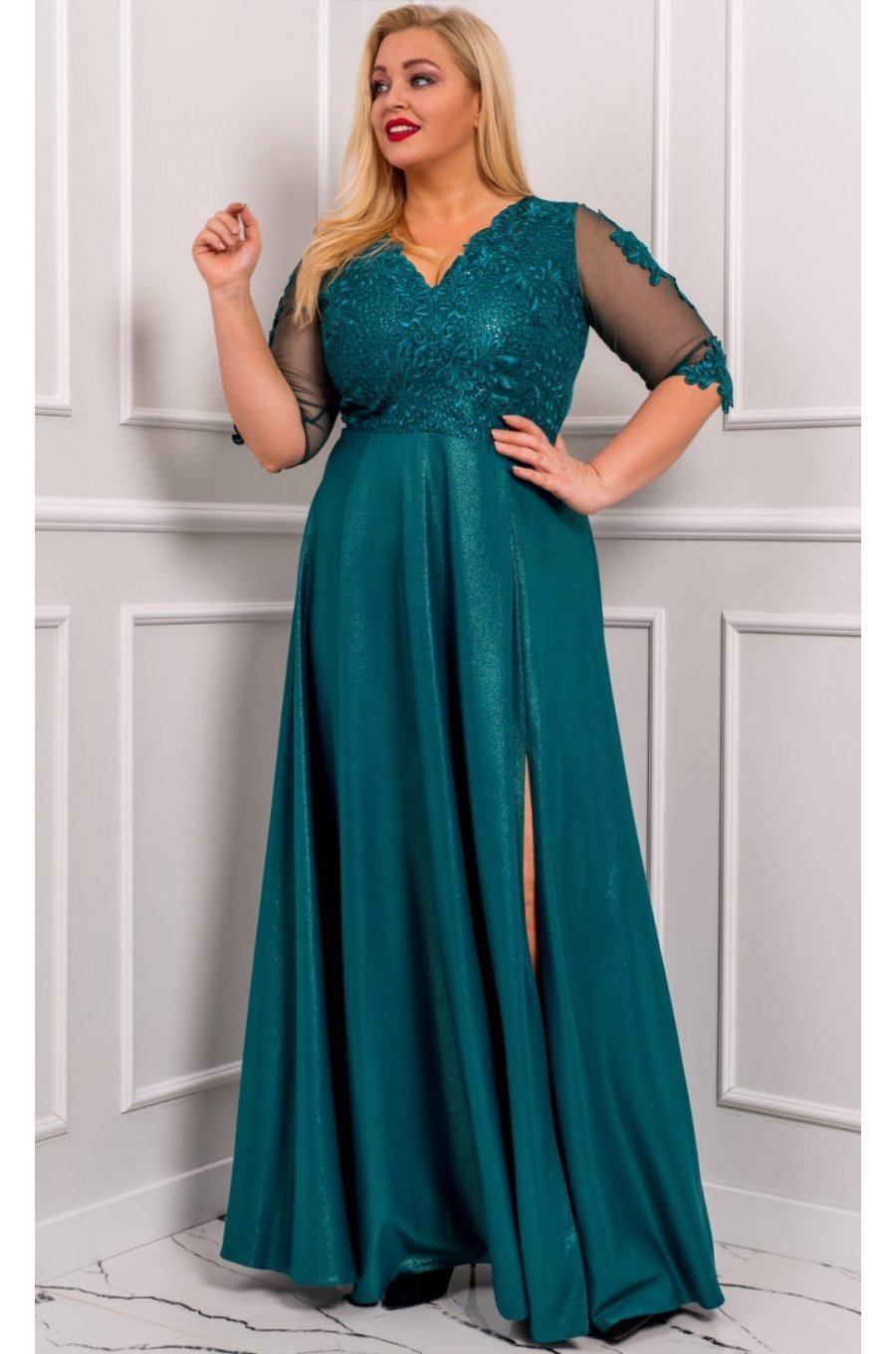 Rochie lunga marime mare verde din dantela si brocard Adalyze 1 - jojofashion.ro