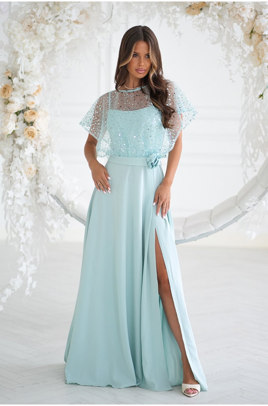 Rochie eleganta lunga menta cu paiete vaporoasa Azaliya 3 - jojofashion.ro