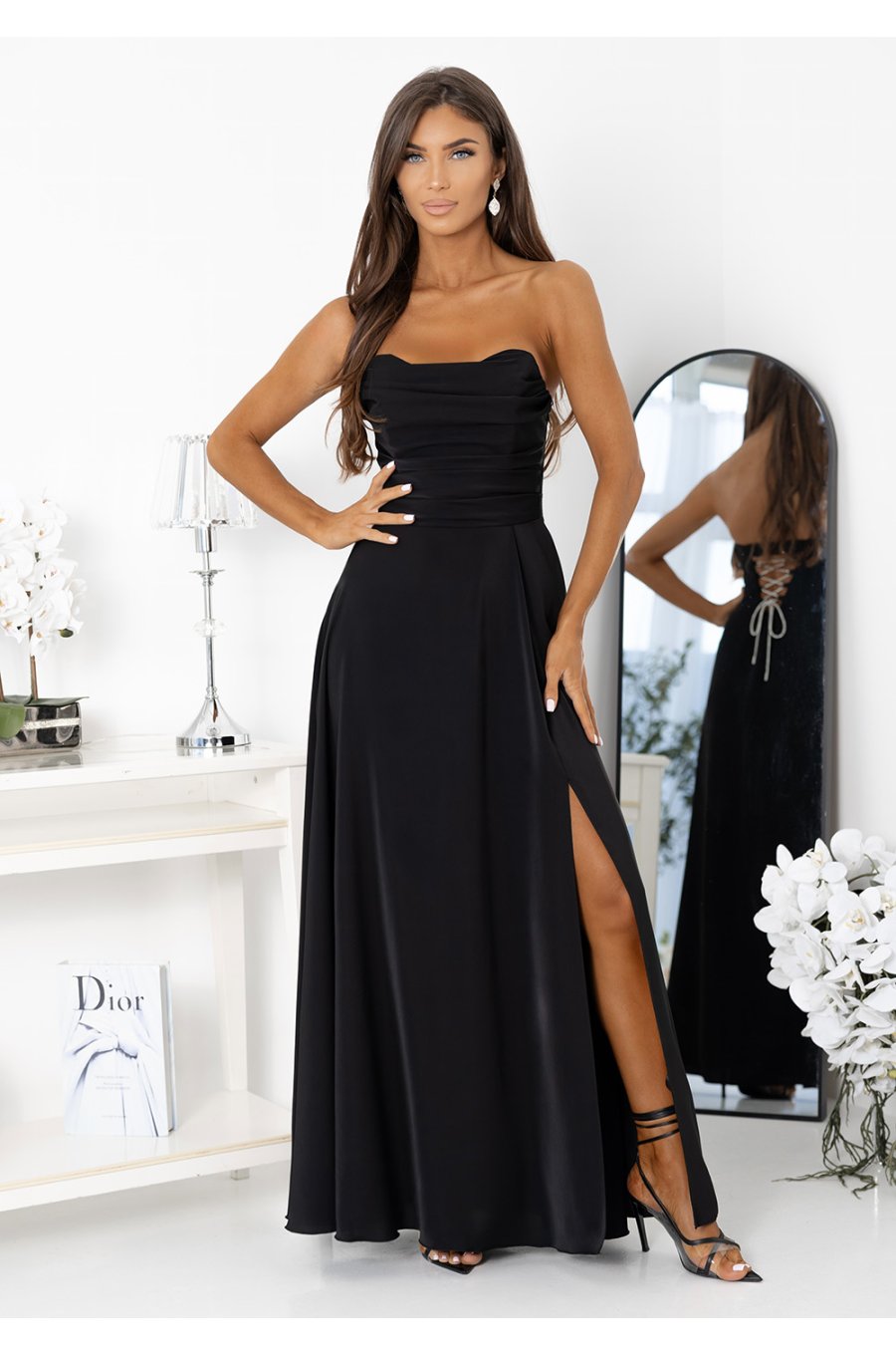 Rochie eleganta lunga neagra cu bust tip corset cu umerii goi VenussW  3 - jojofashion.ro