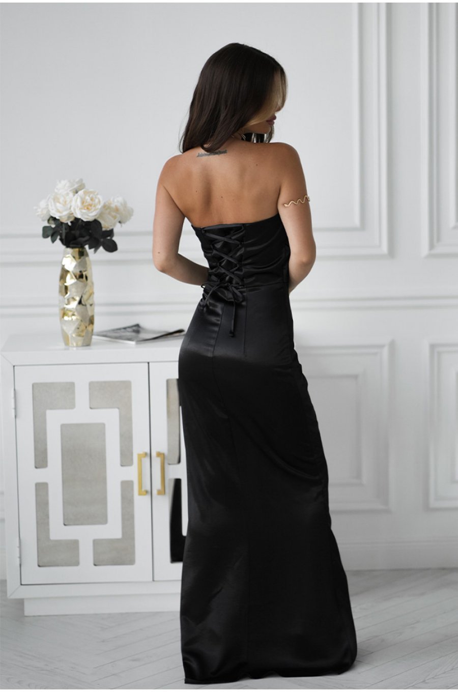 Rochie eleganta lunga neagra din satin mulata cu umerii goi si trandafir pe bust GlamourB 2 - jojofashion.ro