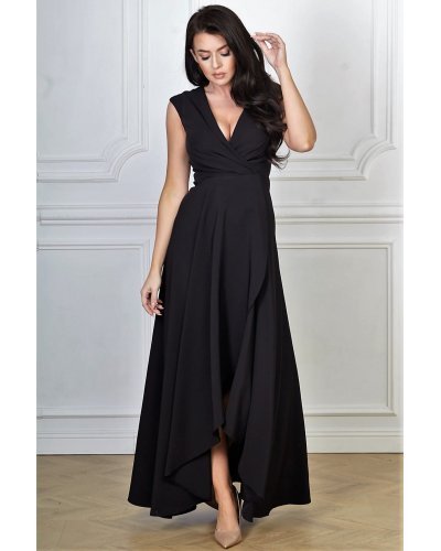 Rochie lunga neagra petrecuta asimetrica Gracia2 Rochii lungi, Rochie lunga neagra petrecuta asimetrica Gracia2 - jojofashion.ro