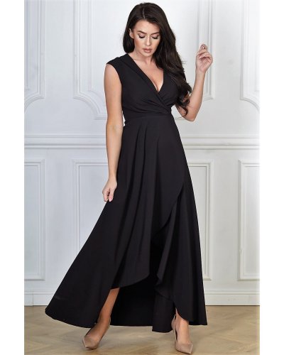 Rochie lunga neagra petrecuta asimetrica Gracia2 Rochii lungi, Rochie lunga neagra petrecuta asimetrica Gracia2 - jojofashion.ro